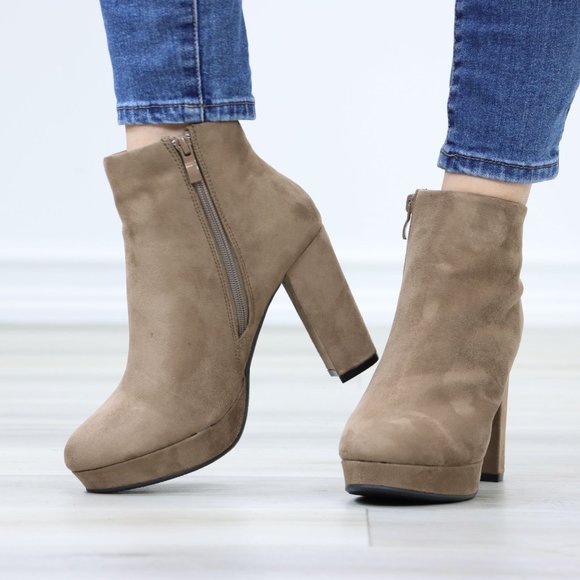 Platform Tan Suede Ankle Booties Block Heeled Boots - Picture 10 of 11